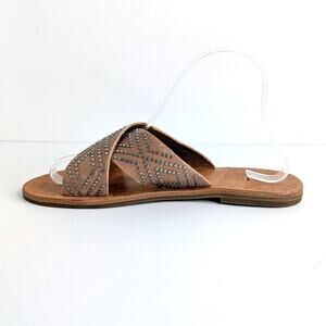 Frye Ally Deco Stud Slide Sandals 8 Tan Leather Silver Studs Flat Heritage
